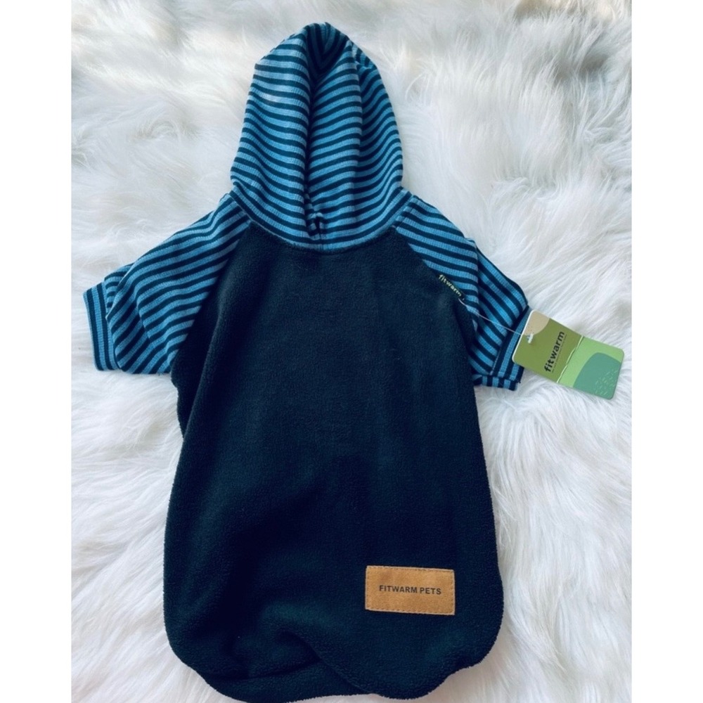 NEW Fit Warm Dog Hoodie Size Large Blue Striped Black Fleece Pet Sweater - Picture 4 of 5